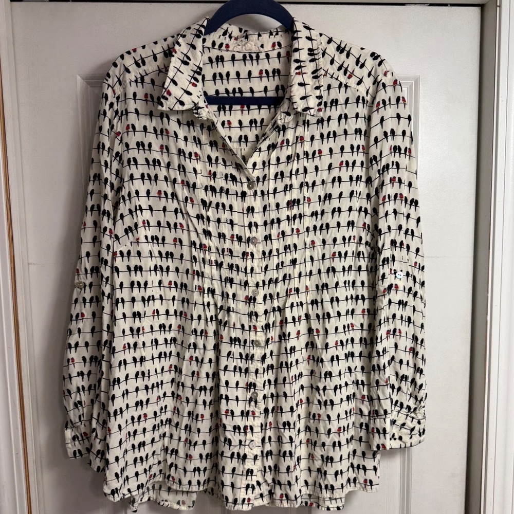 Jane and Delaney Bird on a Wire Print Button Up Blouse White Black 2X Plus Size